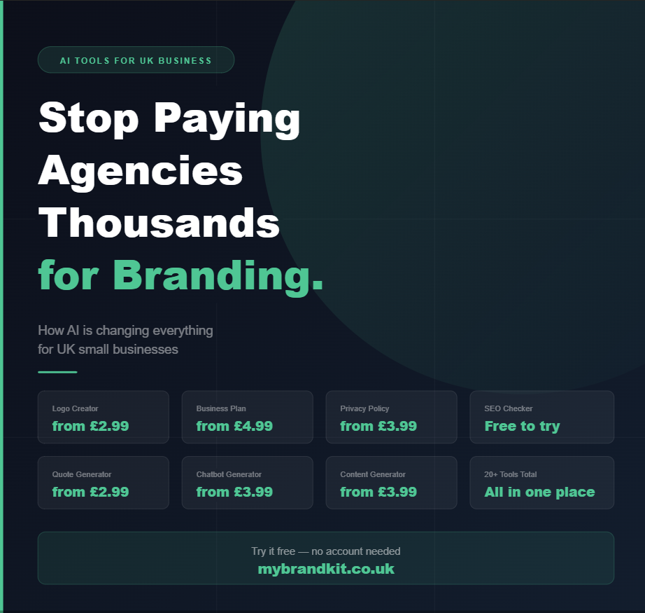 AI branding tools for UK small businesses — logos, business plans, privacy policies and more from MyBrandKit, starting from £2.99